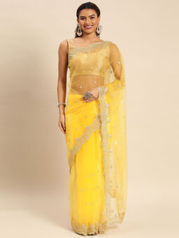 Kasee - Ethnic Motifs Embroidered Sequined Net Saree with Unstitched Blouse