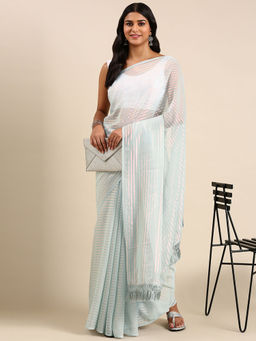 Kasee - Striped Embroidered Saree with Unstitched Blouse