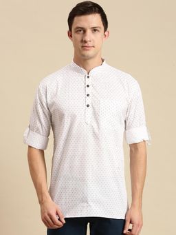 Sanwara - Men Printed Cotton Rolled Up Sleeves Short Kurta