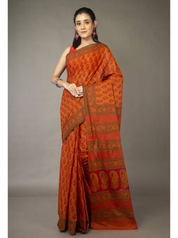 Unnati Silks - Orange Pure Block Printed Superfine Mulmul Cotton Saree with Unstitched Blouse