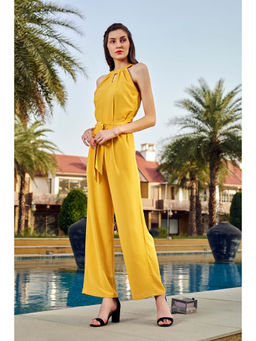NEOFAA - Mustard Front Knot Halter Neck Jumpsuit