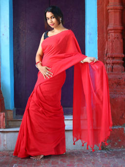 Odette - Red Cotton Saree with Unstitched Blouse
