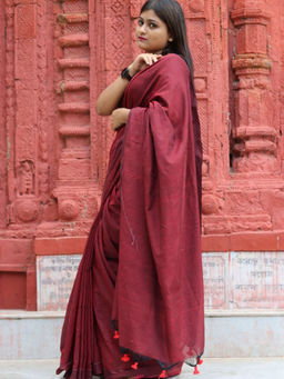 Odette - Maroon Cotton Saree with Unstitched Blouse