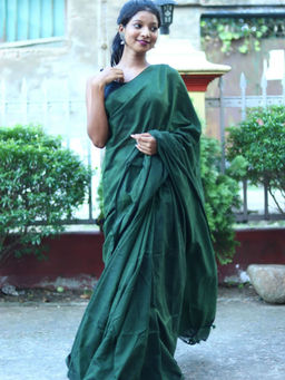 Odette - Dark Green Cotton Saree with Unstitched Blouse