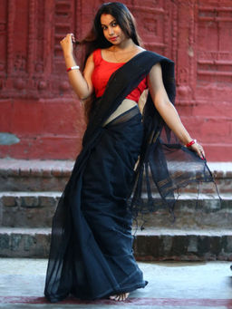 Odette - Black Cotton Saree with Unstitched Blouse