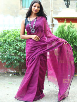 Odette - Wine Cotton Saree with Unstitched Blouse