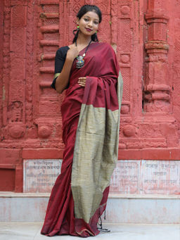 Odette - Maroon Cotton Saree with Unstitched Blouse