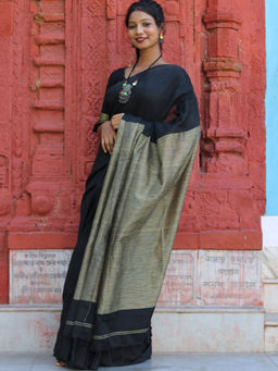 Odette - Black Cotton Saree with Unstitched Blouse