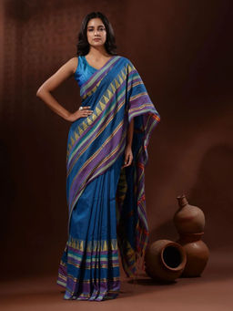 Odette - Dark Blue Temple Border Cotton Blend Saree with Unstitched Blouse