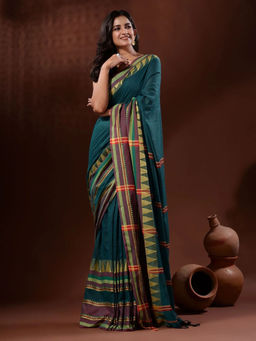 Odette - Teal Temple Border Cotton Blend Saree with Unstitched Blouse