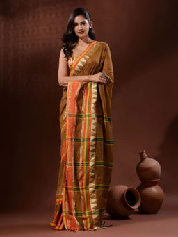 Odette - Dark Brown Temple Border Cotton Blend Saree with Unstitched Blouse