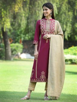 Juniper - Wine Ethnic Motif Printed Rayon Straight Kurta & Dupatta Set with Buttons
