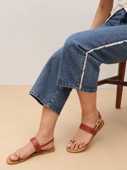 Pair ie Tales - Women Metallic Accent Toe Ring Sandals - Tan