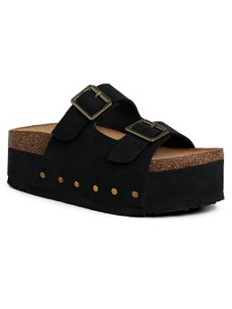 London Rag - Women Studded Faux Leather Slip On Black Sandal Heels