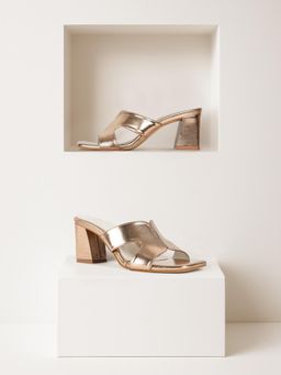 London Rag - Women Metallic Faux Leather Slip On Gold Sandal Heels