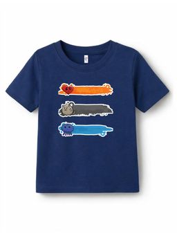 KAVEE - Pure Cotton Bio Washed Colored Lines Printed T-shirt - Navy Blue
