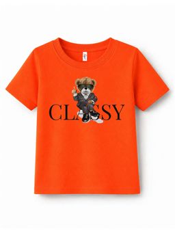 KAVEE - Pure Cotton Bio Washed Classy Text and Teddy Printed T-shirt - Orange