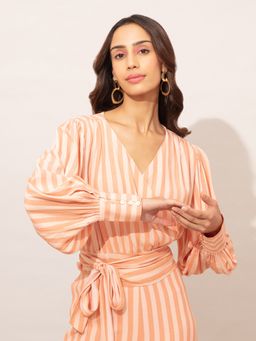 Twenty Dresses by Nykaa Fashion - Coral And Peach Striped V Neck Crop Top
