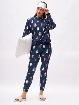 Sweet Dreams - Women Navy Blue Printed Full Sleeves Top & Pyjama (Set of 2)