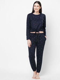 Sweet Dreams - Women Navy Blue Printed Crop Top & Pyjama (Set of 2)