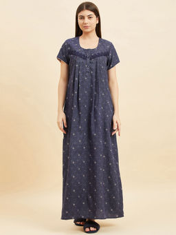 Sweet Dreams - Women Navy Blue Printed Half Sleeves Night Dress