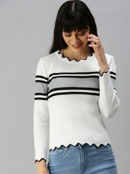 SHOWOFFFF - Women Boat Neck Horizontal Stripes White Regular Top