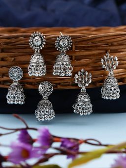 Yellow Chimes - Set of 3 Silver-Plated Oxidised Jhumkas Earring