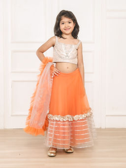 Pink Cow - Kiddie Brocade Orange Ghaghara Choli with Dupatta (Set of 3)