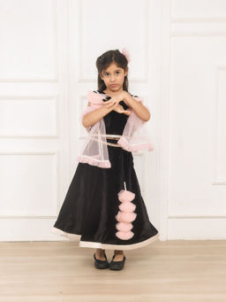 Pink Cow - Black Velvet Top and Lehenga with Frilly Pink Dupatta (Set of 3)
