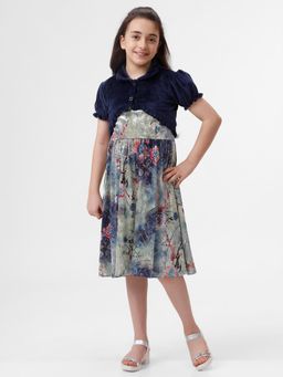 Kate & Oscar - Navy Blue Flock Embrodery Midi Dress with Velvet Jacket (Set of 2)