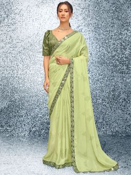 Akhilam - Womens Satin Light Green Embellished Designer Saree with Unstitched Blouse