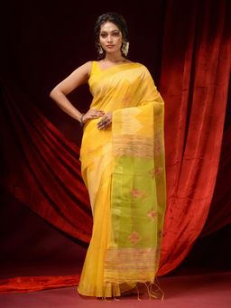 CHARUKRITI - Daffodil Yellow Linen Temple Borders and Woven Floral Motifs Saree with Unstitched Blouse