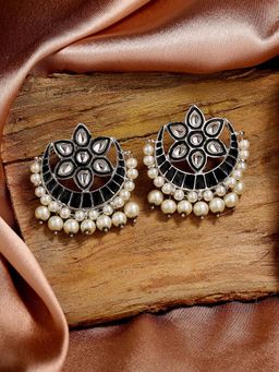 Estele - Rhodium Plated Kundan Earrings with Pearl & Black Enamel for Women