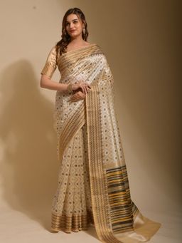 Odette - Cream Art Silk Designer Saree with Unstitched Blouse