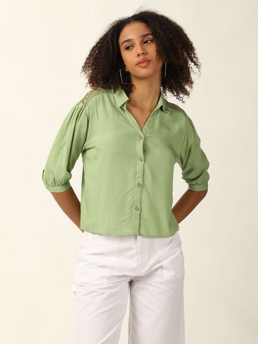 Buy Olive Embroidered Half Sleeves Shirt Online