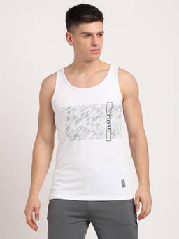 Turtle - Men Polycotton Printed Slim Fit White Tank Top