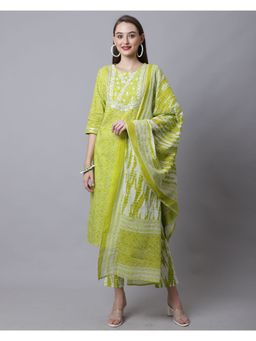 Rajnandini - Pure Cotton Zari Weaving Embroidered Kurta With Dupatta - Green (Set of 3)