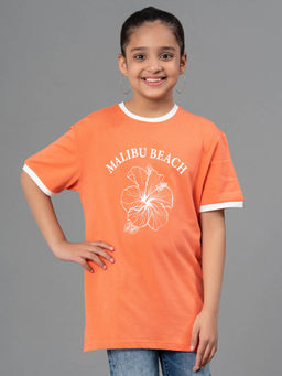 Mode by Red Tape - Girls Orange Pure Cotton Round Neck Floral Print T-Shirt