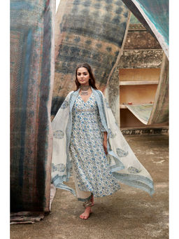 Karaj Jaipur - Blue Print Gathered Chanderi Kurta with Pants & Dupatta (Set of 3)