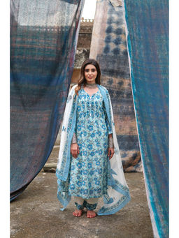 Karaj Jaipur - Blue Floral Jaal Print Kurta with Pants & Dupatta (Set of 3)