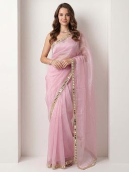 Akhilam - Net Pink Embellished Saree With Unstitched Blouse