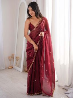 Akhilam - Satin Burgundy Embellished Saree With Unstitched Blouse