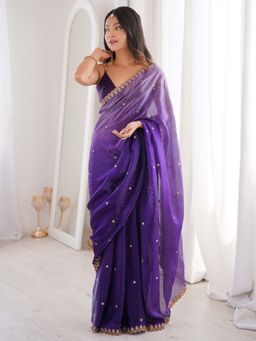 Akhilam - Satin Purple Embellished Saree With Unstitched Blouse