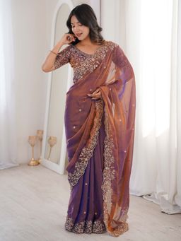 Akhilam - Satin Metallic Embellished Bronze Saree With Unstitched Blouse