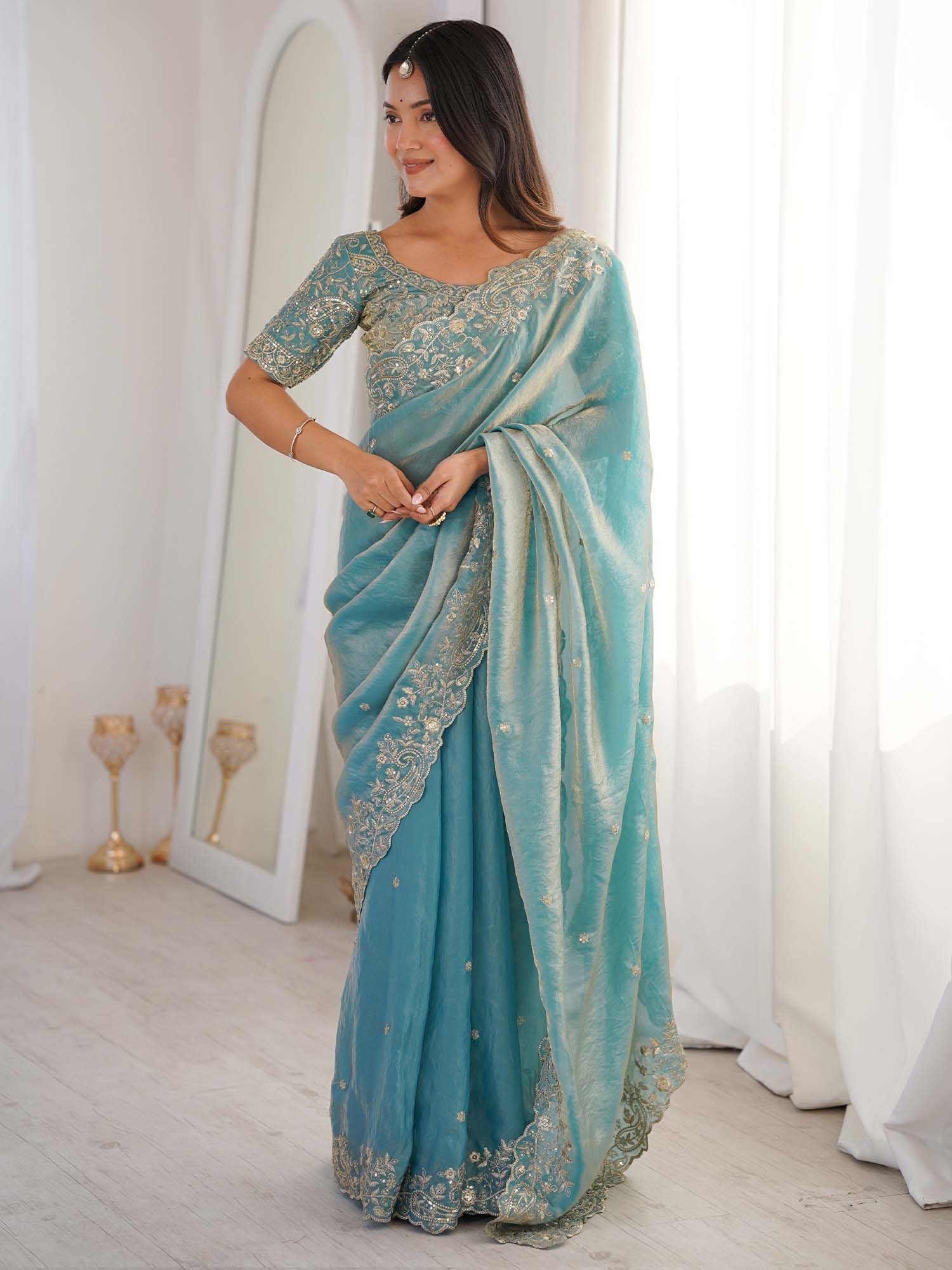 Satin Light Blue Embellished Saree With Unstitched Blouse-image-1