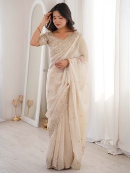 Akhilam - Satin Off White Embellished Saree With Unstitched Blouse