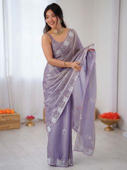 Akhilam - Satin Lavender Embellished Saree With Unstitched Blouse