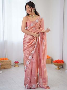 Akhilam - Satin Peach Embellished Saree With Unstitched Blouse