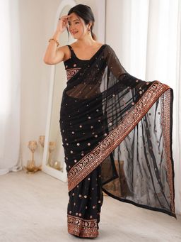 Akhilam - Net Black Embellished Saree With Unstitched Blouse