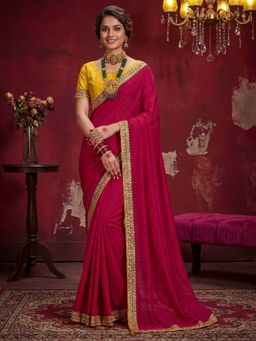 Akhilam - Vichitra Silk Pink Embellished Saree With Unstitched Blouse